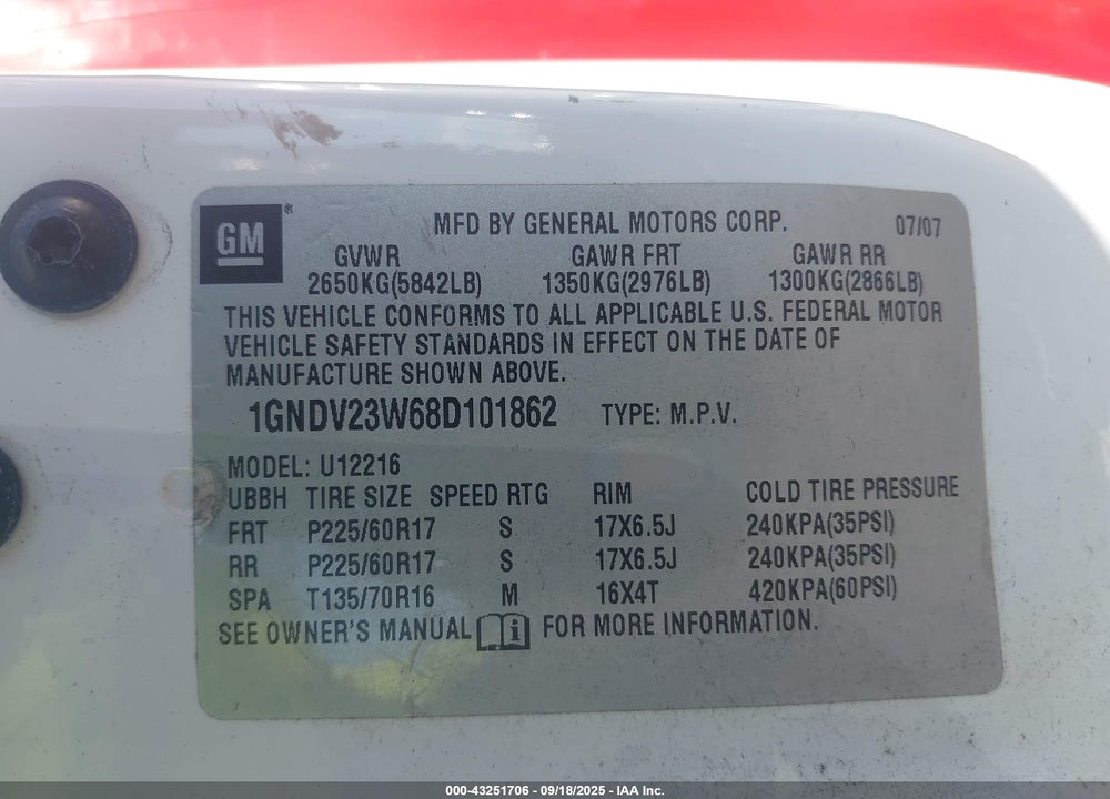 2008 CHEVROLET UPLANDER LS VIN: 1GNDV23W68D101862