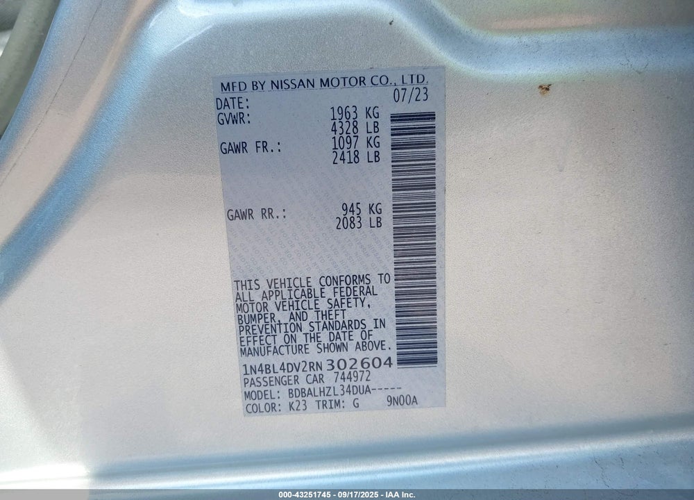 2024 NISSAN ALTIMA VIN: 1N4BL4DV2RN302604