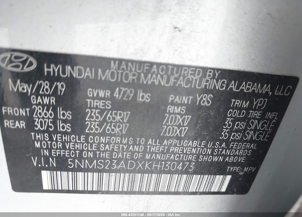 2019 HYUNDAI SANTA FE SE VIN: 5NMS23ADXKH130473