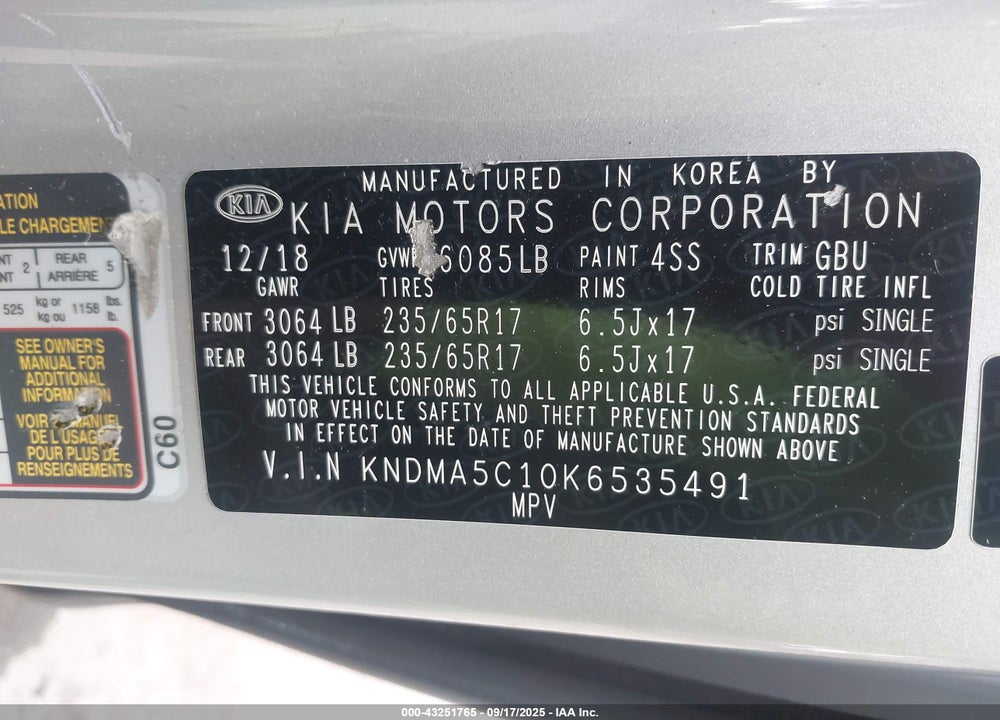 2019 KIA SEDONA VIN: KNDMA5C10K6535491