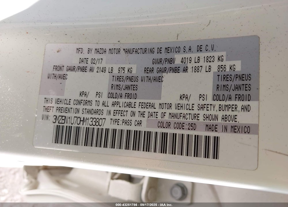 2017 MAZDA 3 VIN: 3MZBN1U70HM133807