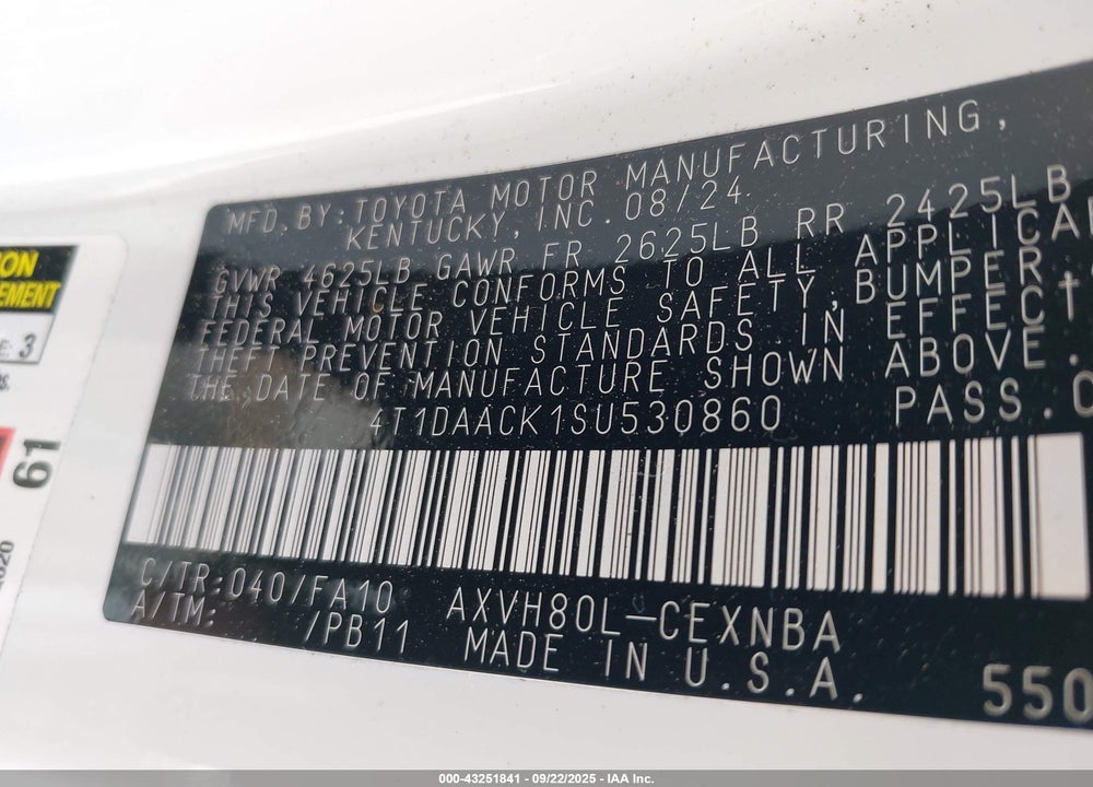 2025 TOYOTA CAMRY VIN: 4T1DAACK1SU530860