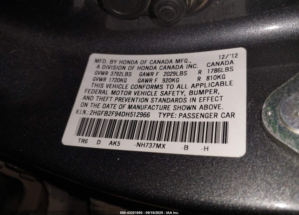 2013 HONDA CIVIC VIN: 2HGFB2F94DH512966