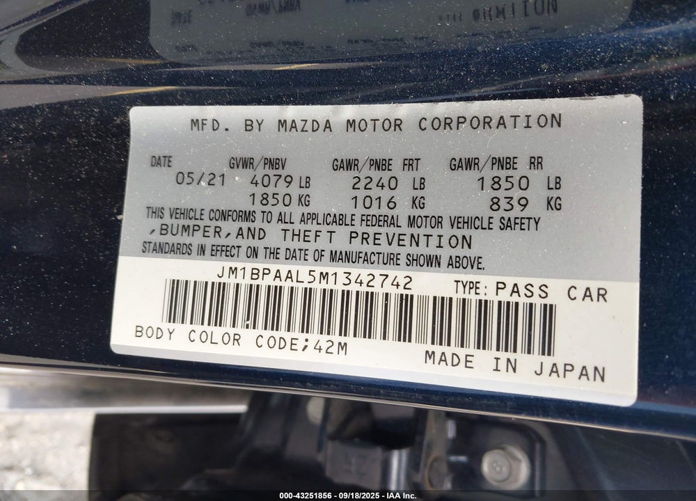 2021 MAZDA 3 VIN: JM1BPAAL5M1342742