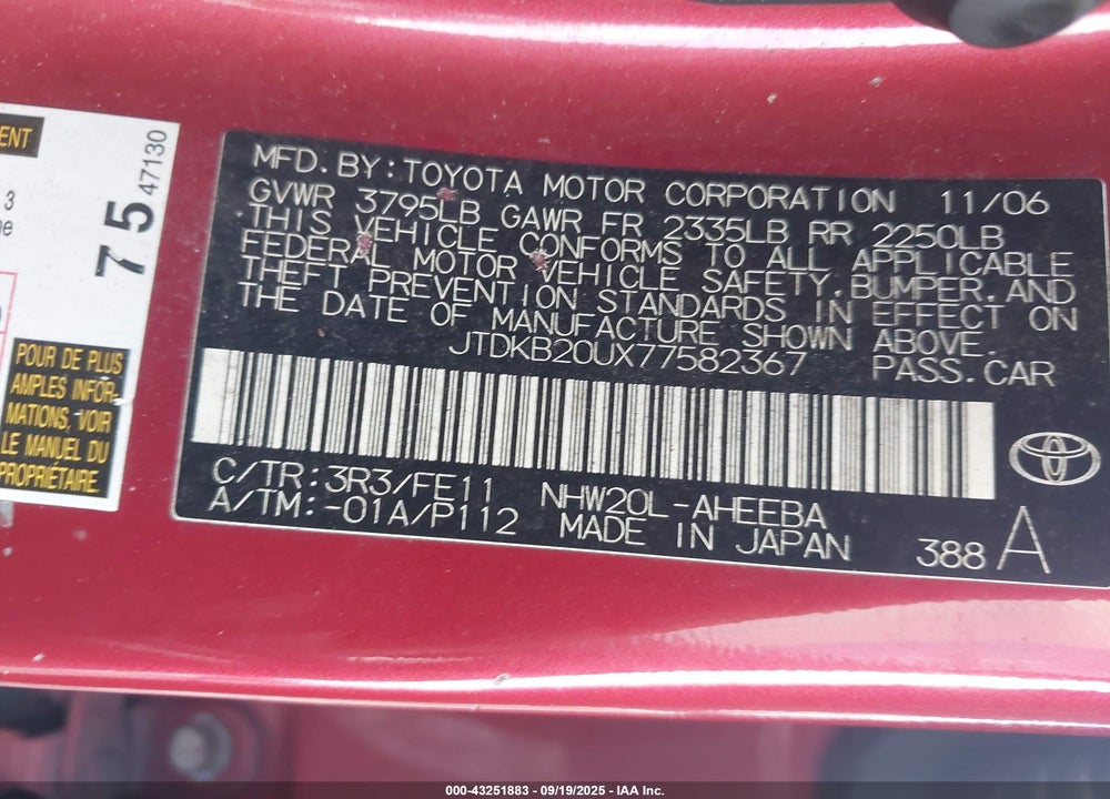 2007 TOYOTA PRIUS VIN: JTDKB20UX77582367