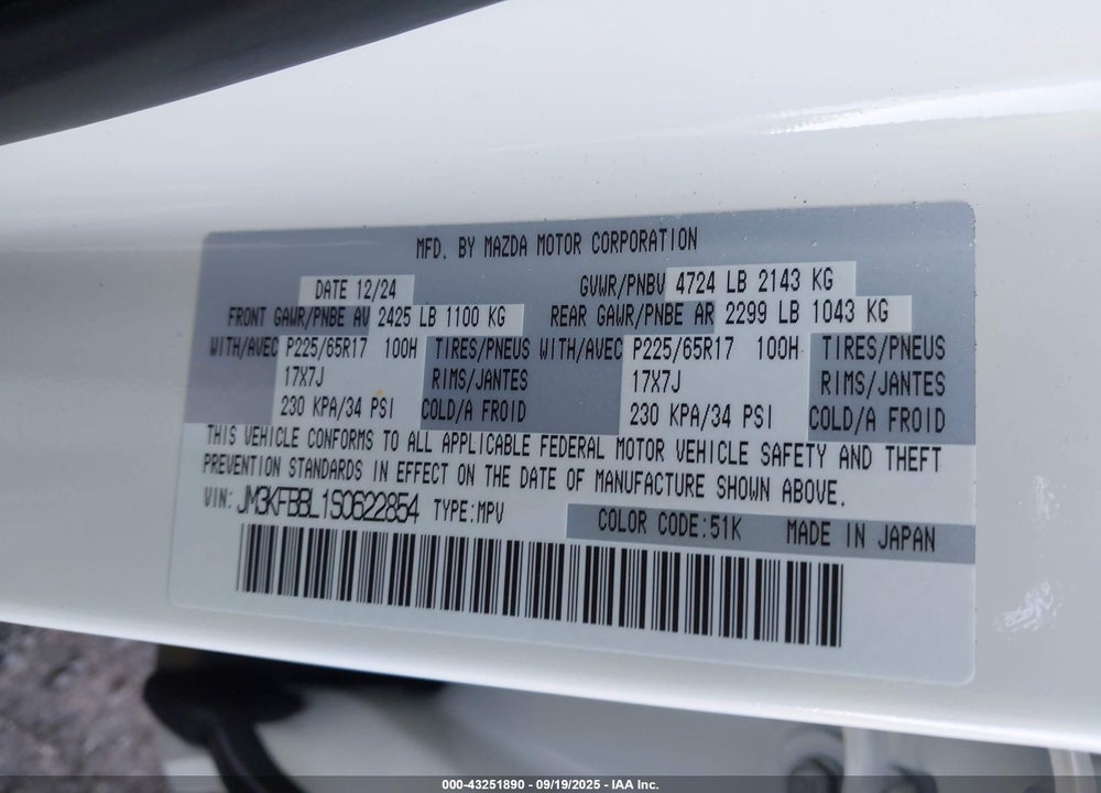 2025 MAZDA CX-5 VIN: JM3KFBBL1S0622854