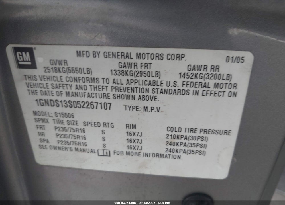 2005 CHEVROLET TRAILBLAZER LS VIN: 1GNDS13S052267107
