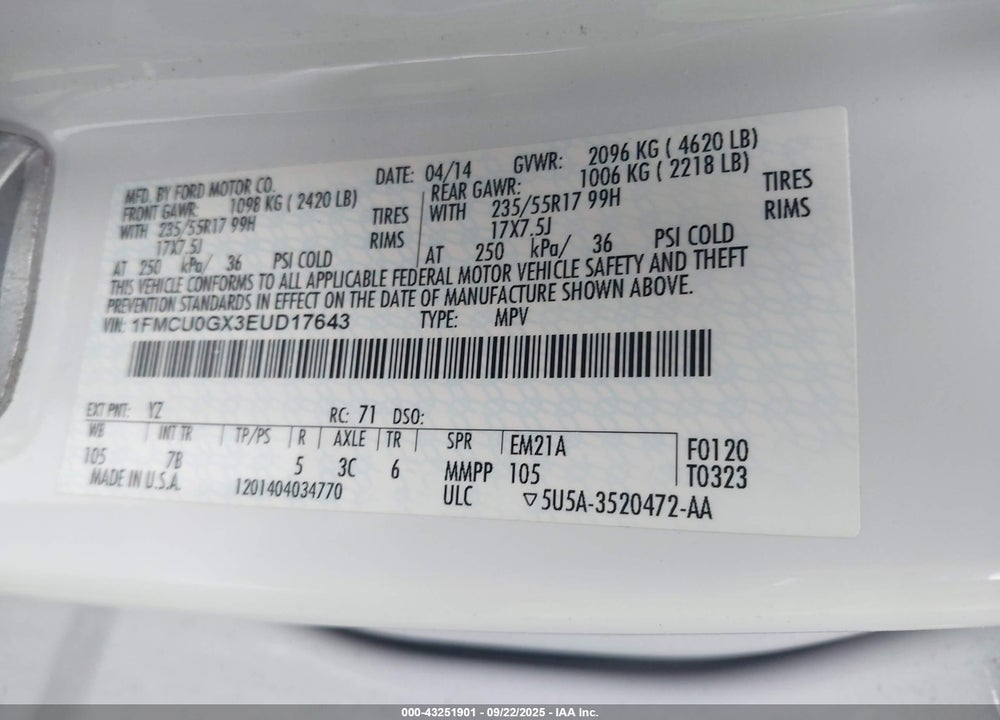 2014 FORD ESCAPE VIN: 1FMCU0GX3EUD17643