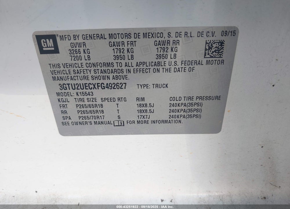 2015 GMC SIERRA 1500 VIN: 3GTU2UECXFG492627