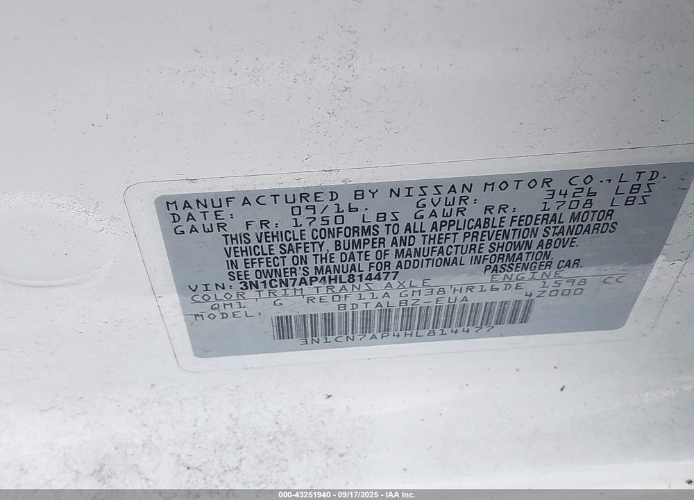 2017 NISSAN VERSA VIN: 3N1CN7AP4HL814477