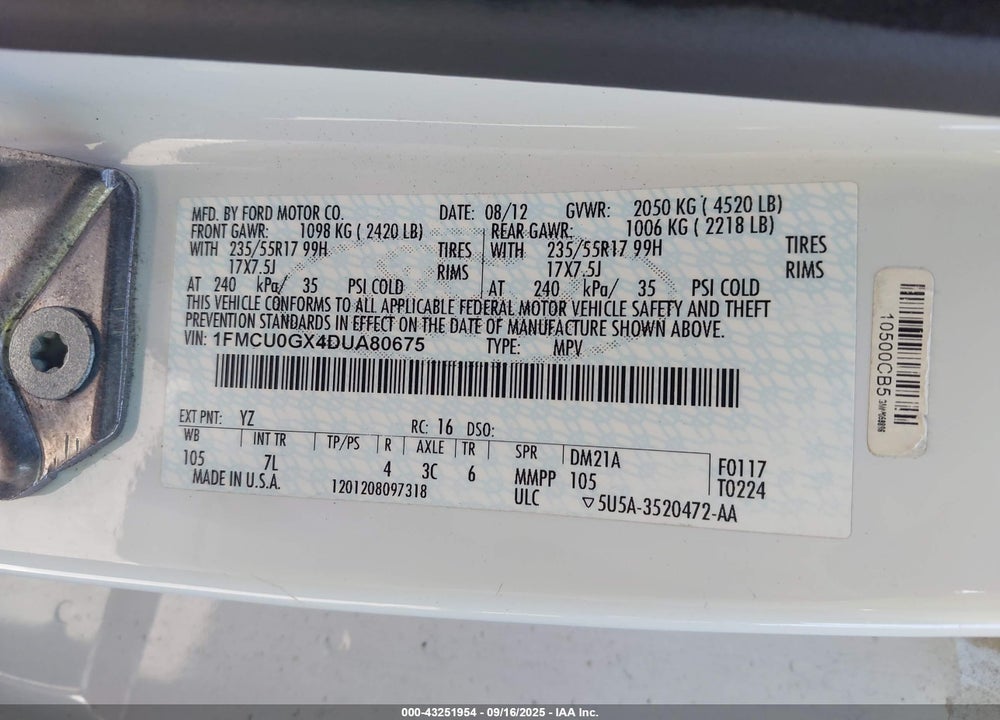 2013 FORD ESCAPE VIN: 1FMCU0GX4DUA80675