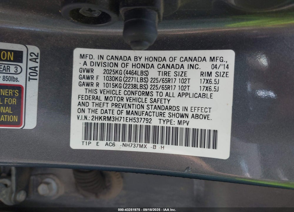 2014 HONDA CR-V EX-L VIN: 2HKRM3H71EH537792
