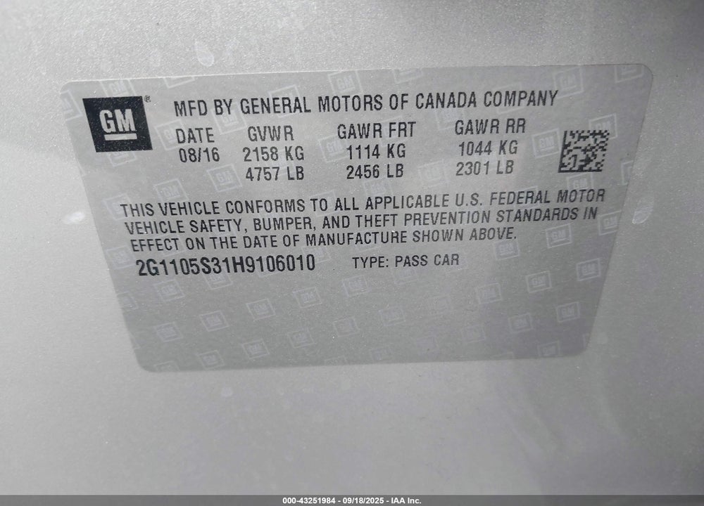 2017 CHEVROLET IMPALA 1LT VIN: 2G1105S31H9106010