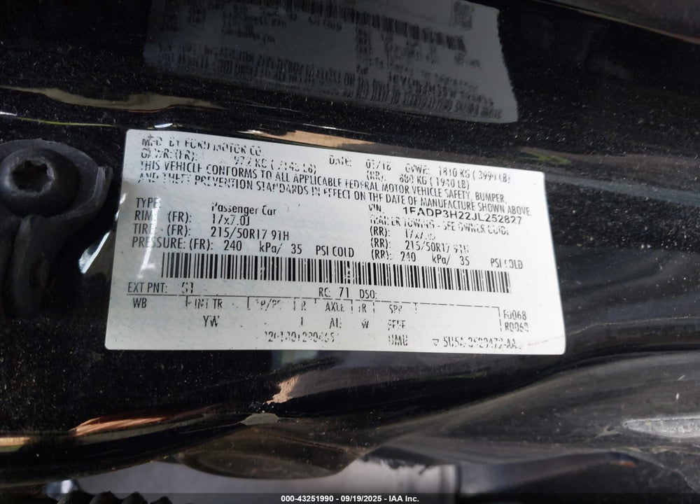 2018 FORD FOCUS VIN: 1FADP3H22JL252827