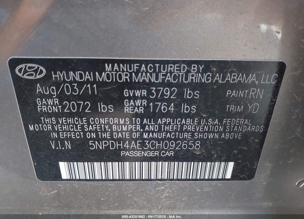 2012 HYUNDAI ELANTRA VIN: 5NPDH4AE3CH092658