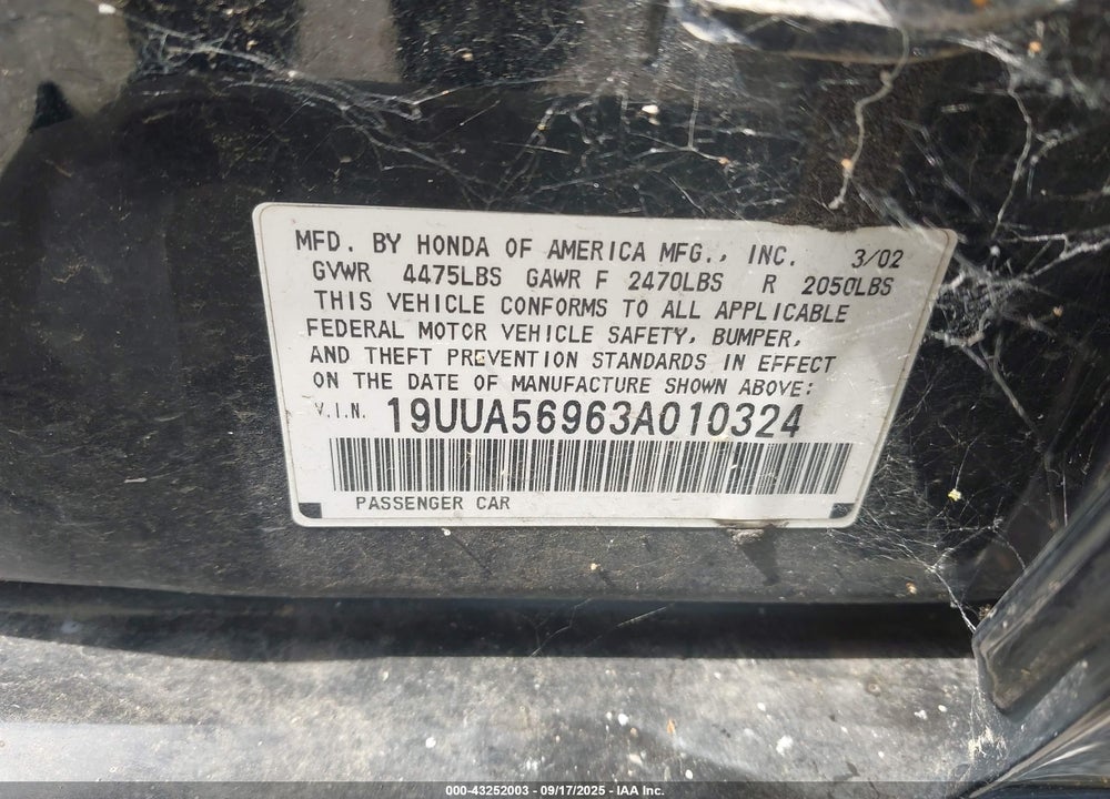 2003 ACURA TL 3.2 TYPE S VIN: 19UUA56963A010324