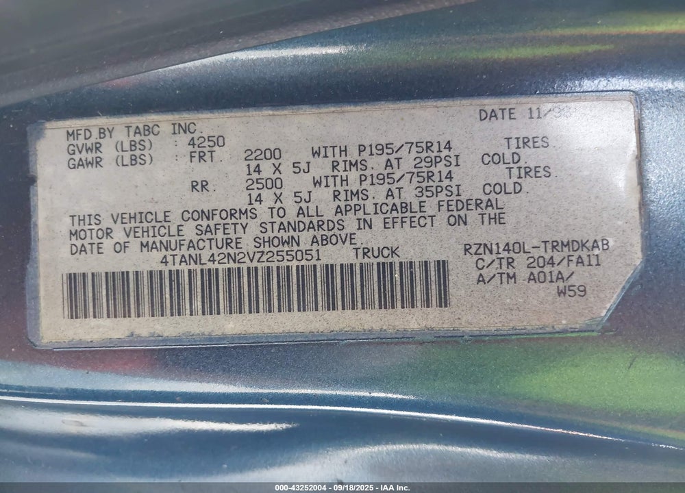 1997 TOYOTA TACOMA VIN: 4TANL42N2VZ255051