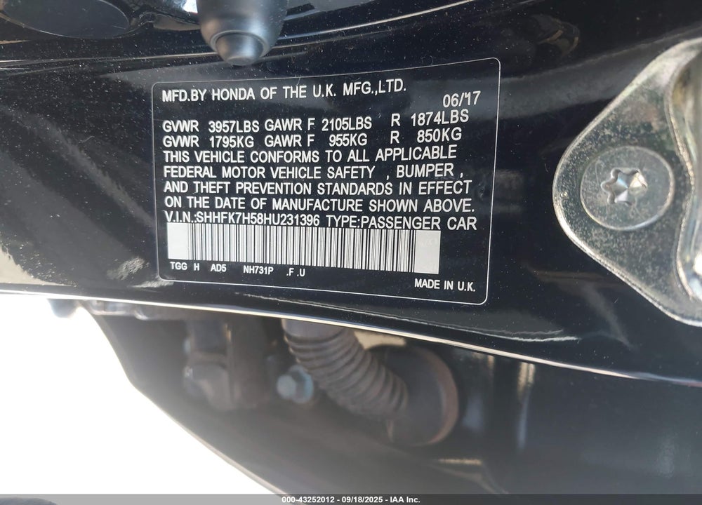 2017 HONDA CIVIC VIN: SHHFK7H58HU231396