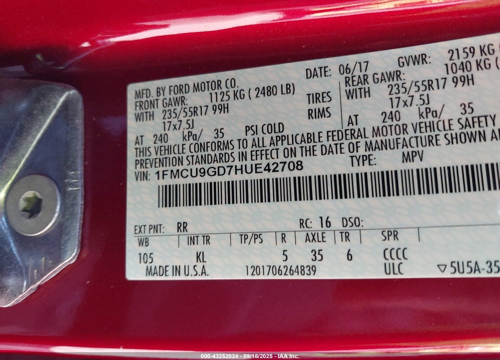 2017 FORD ESCAPE SE VIN: 1FMCU9GD7HUE42708