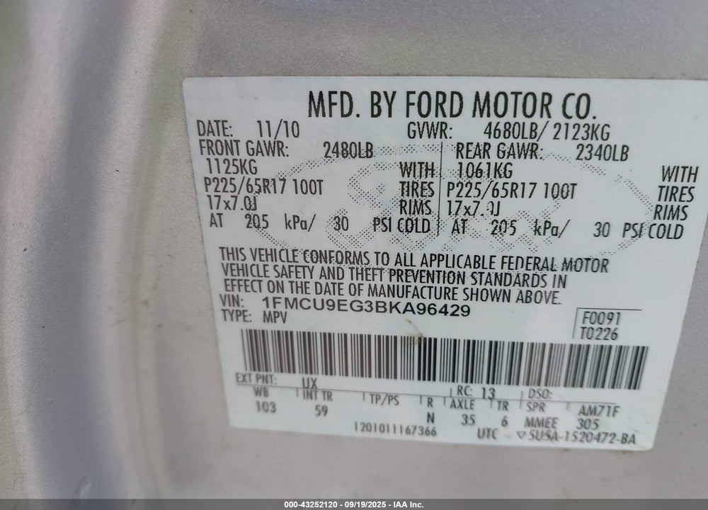 2011 FORD ESCAPE LIMITED VIN: 1FMCU9EG3BKA96429
