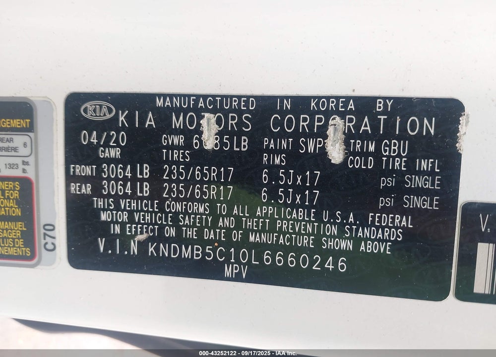 2020 KIA SEDONA VIN: KNDMB5C10L6660246