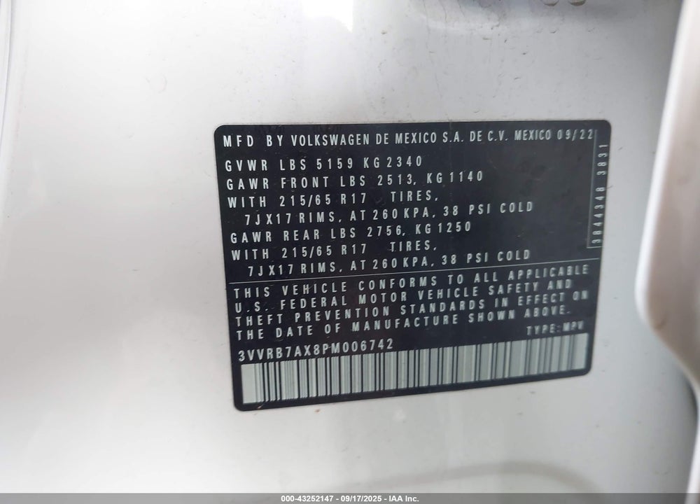 2023 VOLKSWAGEN TIGUAN VIN: 3VVRB7AX8PM006742