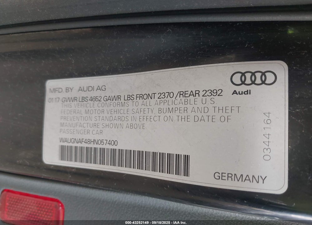 2017 AUDI A4 VIN: WAUGNAF48HN057400