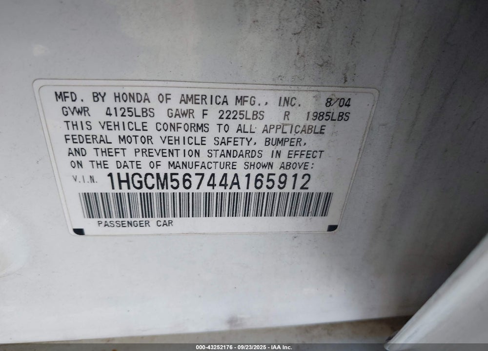 2004 HONDA ACCORD 2.4 EX VIN: 1HGCM56744A165912