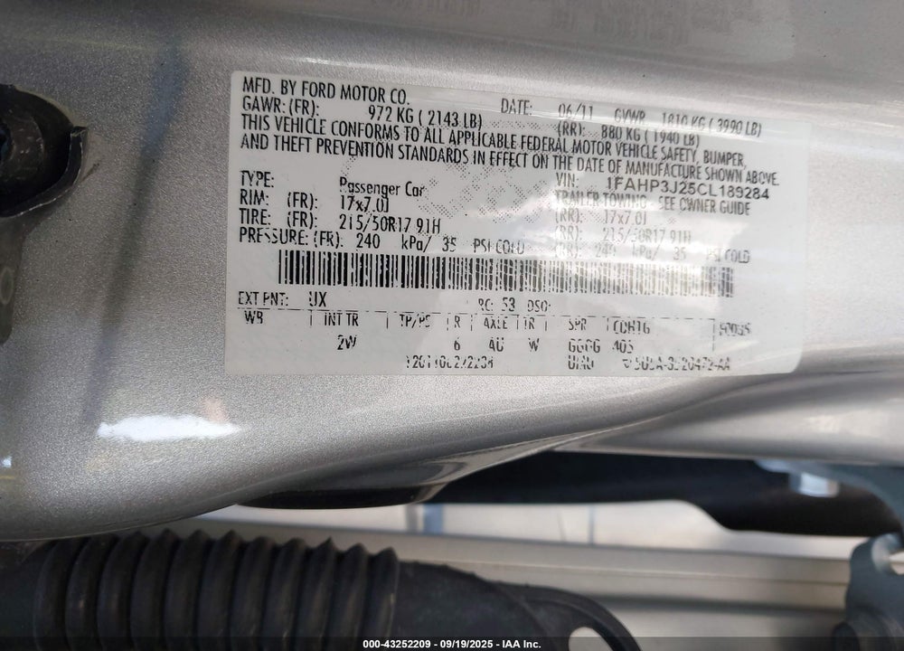 2012 FORD FOCUS VIN: 1FAHP3J25CL189284