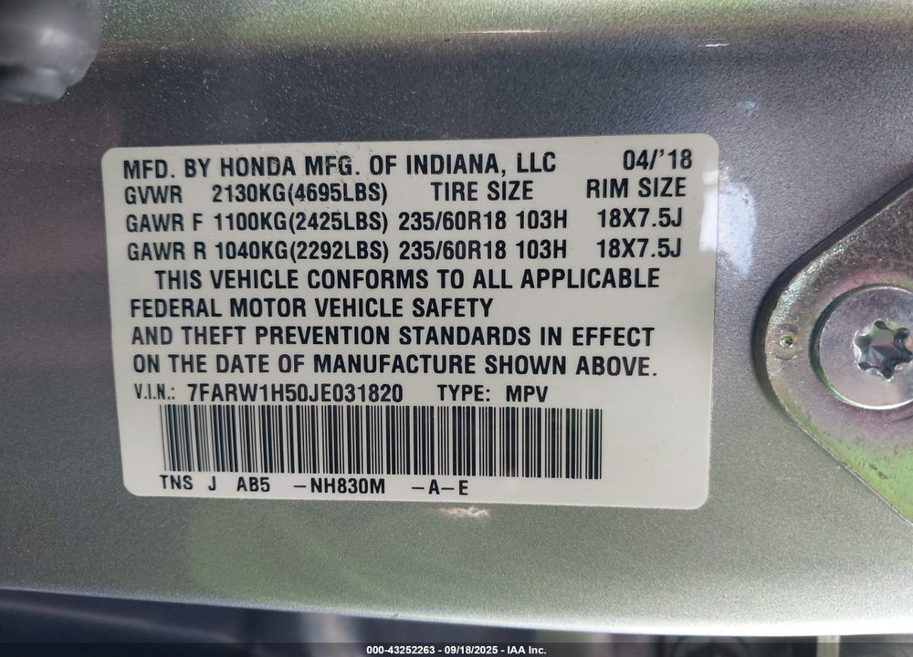 2018 HONDA CR-V EX VIN: 7FARW1H50JE031820