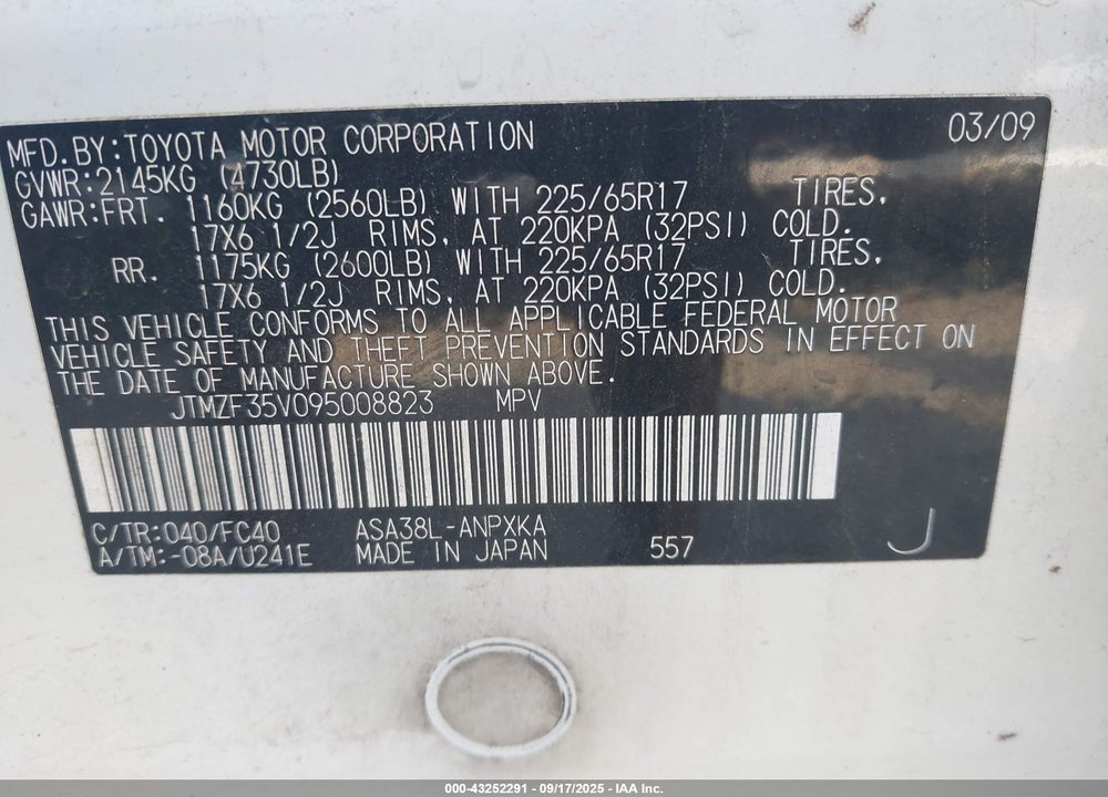 2009 TOYOTA RAV4 VIN: JTMZF35V095008823