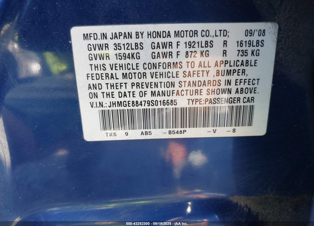 2009 HONDA FIT VIN: JHMGE88479S016685
