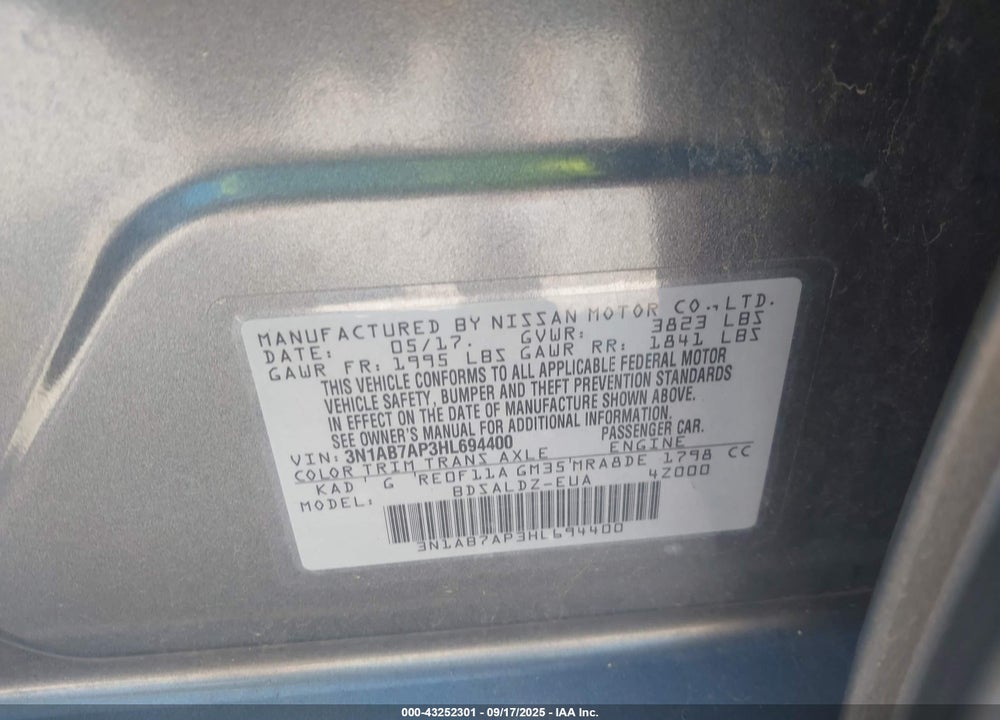 2017 NISSAN SENTRA SV VIN: 3N1AB7AP3HL694400