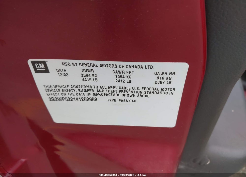 2004 PONTIAC GRAND PRIX GT1 VIN: 2G2WP522141268989