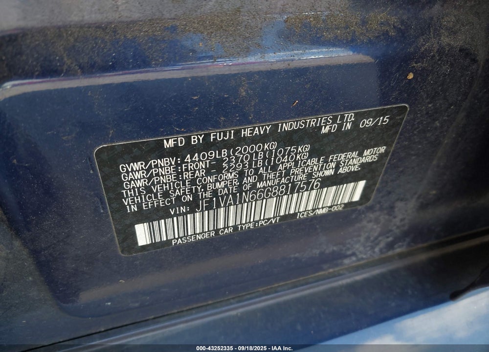 2016 SUBARU WRX VIN: JF1VA1N66G8817576