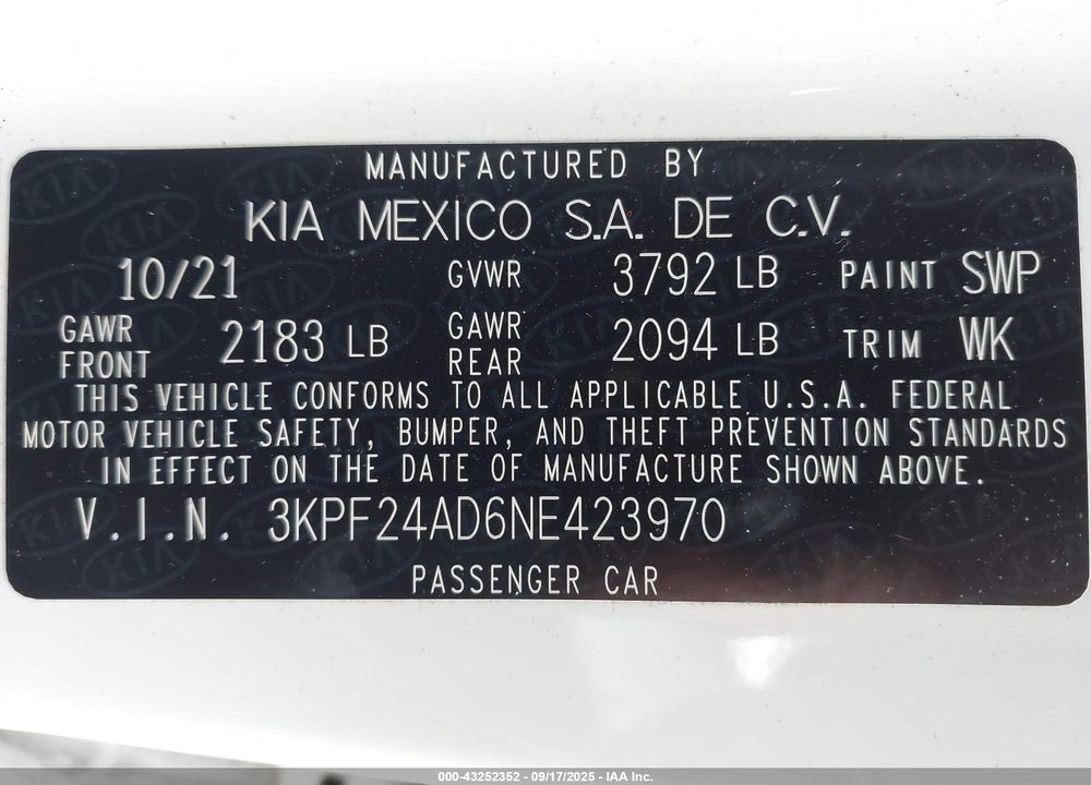 2022 KIA FORTE LXS VIN: 3KPF24AD6NE423970