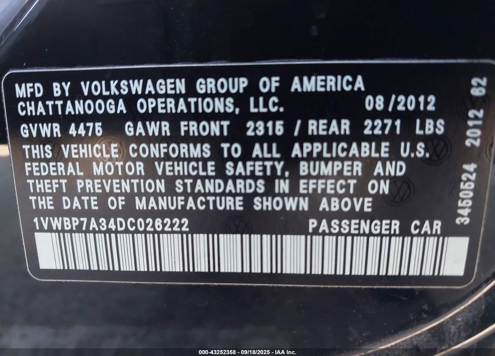 2013 VOLKSWAGEN PASSAT VIN: 1VWBP7A34DC026222