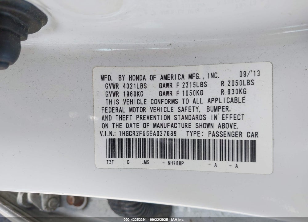 2014 HONDA ACCORD VIN: 1HGCR2F56EA027689