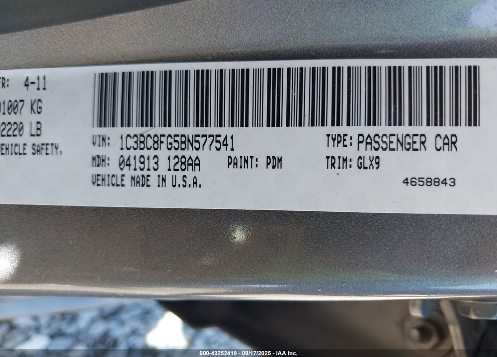 2011 CHRYSLER 200 VIN: 1C3BC8FG5BN577541