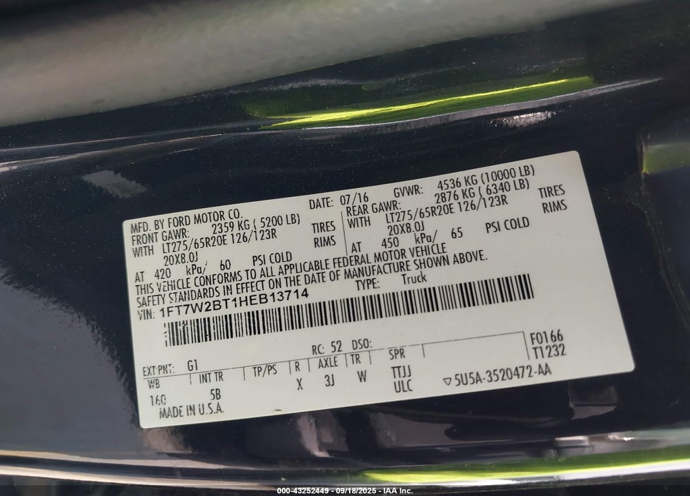 2017 FORD F-250 LARIAT VIN: 1FT7W2BT1HEB13714