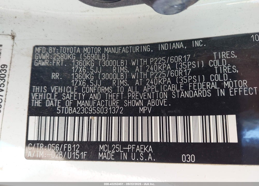 2005 TOYOTA SIENNA LE VIN: 5TDBA23C95S031372