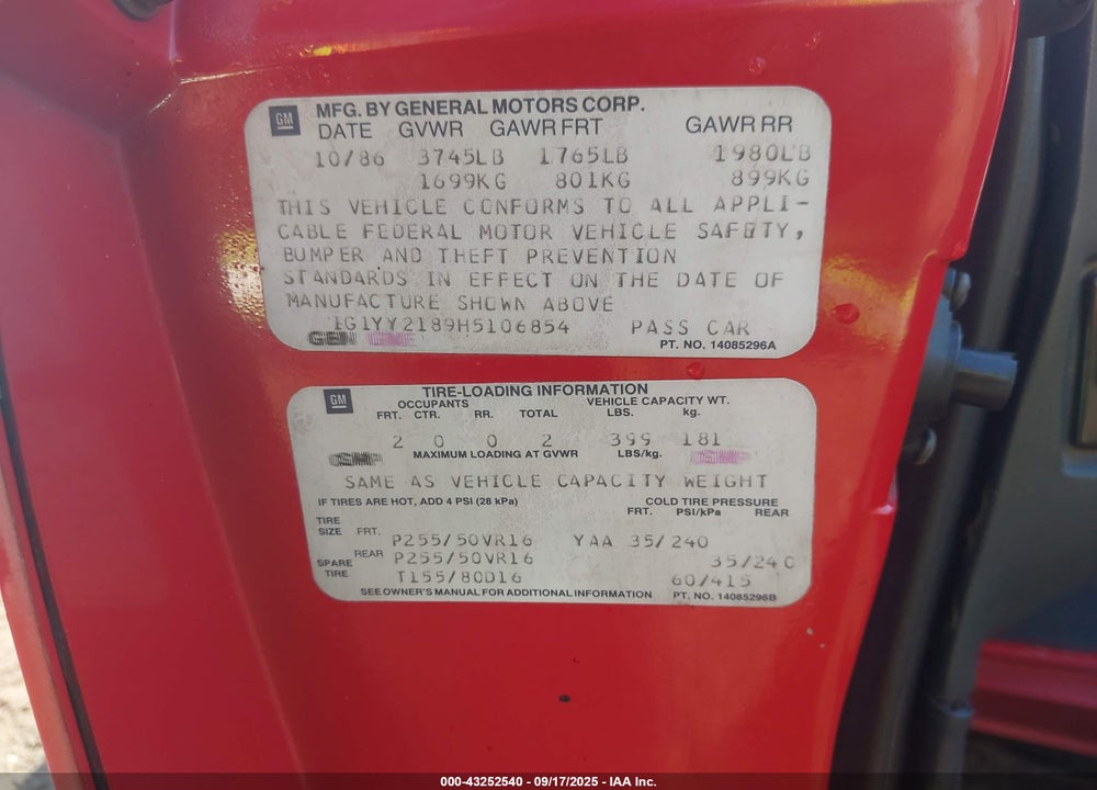 1987 CHEVROLET CORVETTE VIN: 1G1YY2189H5106854