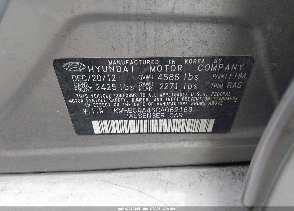 2012 HYUNDAI SONATA HYBRID VIN: KMHEC4A46CA062163