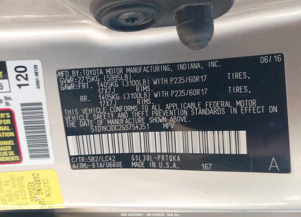 2016 TOYOTA SIENNA XLE PREMIUM 8 PASSENGER VIN: 5TDYK3DC2GS754351