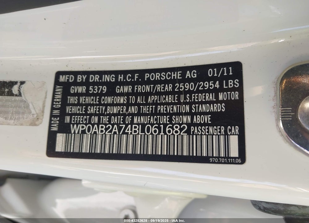 2011 PORSCHE PANAMERA VIN: WP0AB2A74BL061682