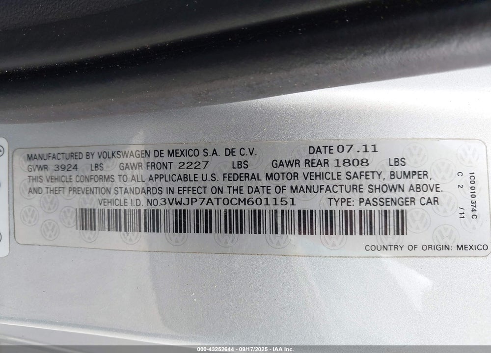 2012 VOLKSWAGEN BEETLE VIN: 3VWJP7AT0CM601151