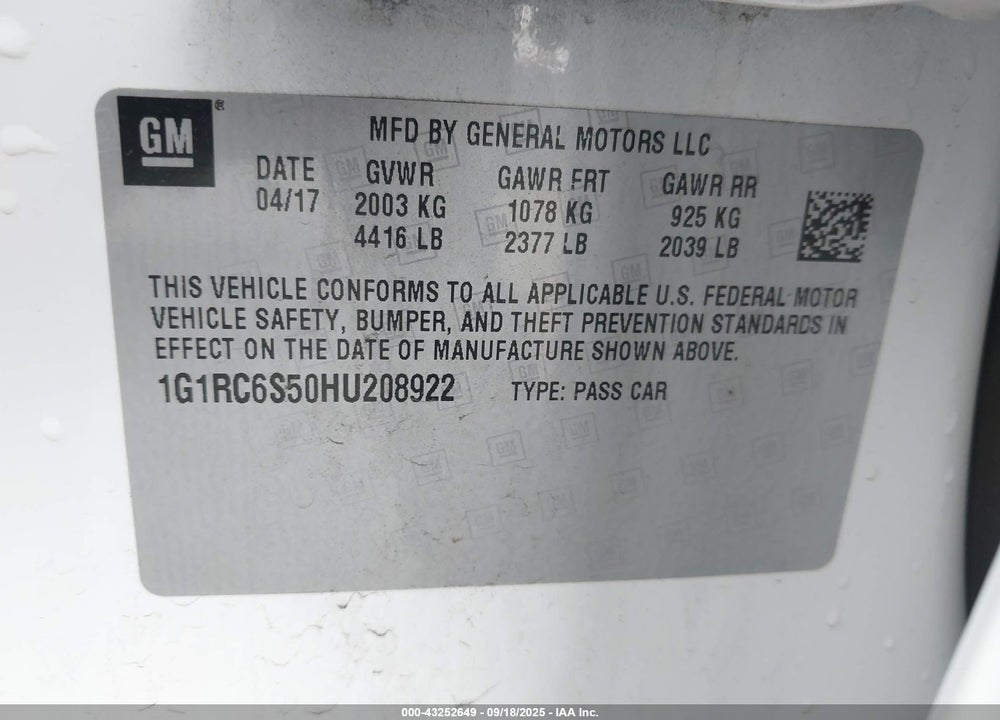 2017 CHEVROLET VOLT VIN: 1G1RC6S50HU208922