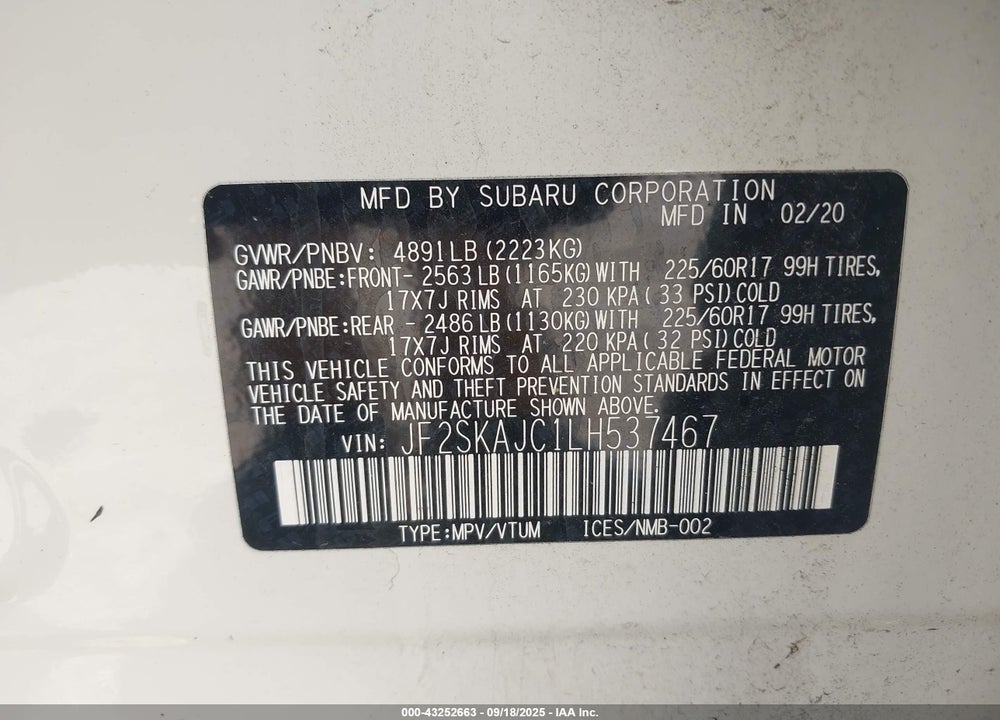 2020 SUBARU FORESTER VIN: JF2SKAJC1LH537467