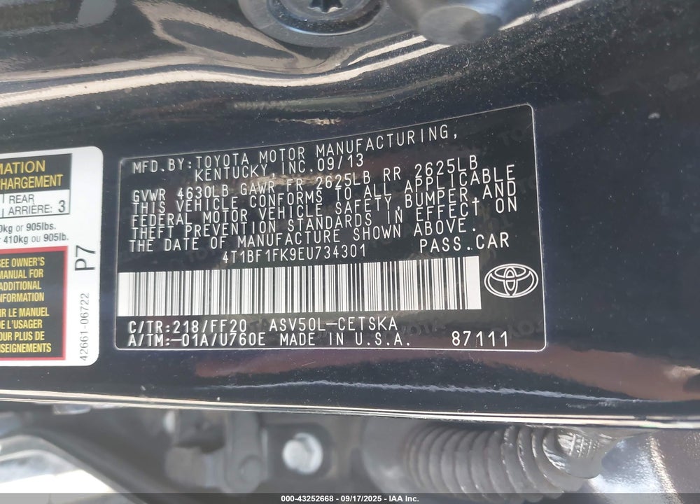 2014 TOYOTA CAMRY VIN: 4T1BF1FK9EU734301