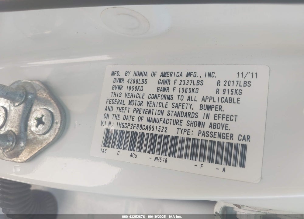 2012 HONDA ACCORD 2.4 SE VIN: 1HGCP2F68CA051522